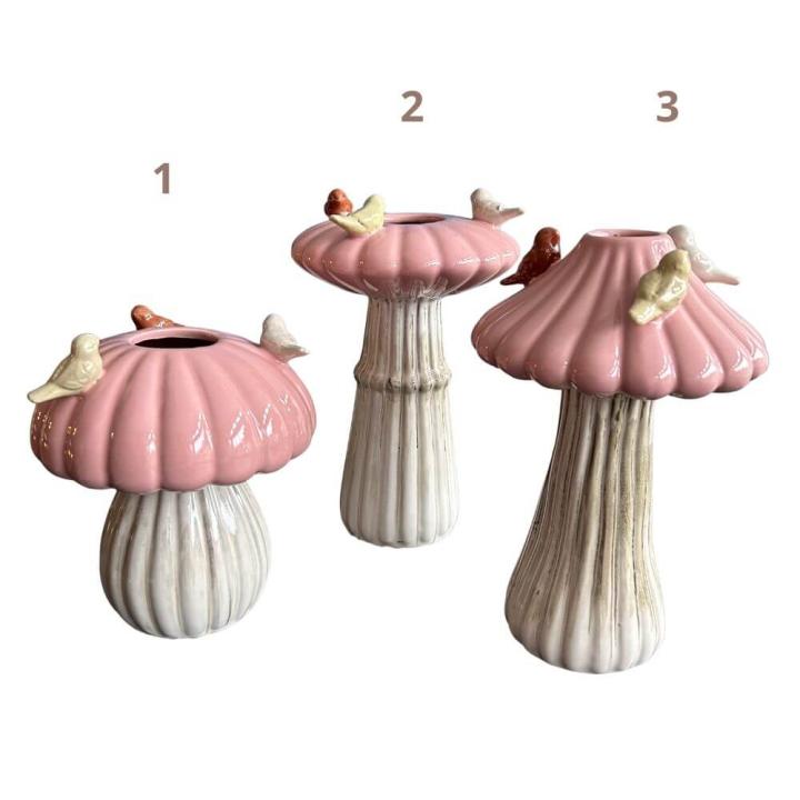 Paddestoel Vaas large met Vogeltjes - Roze & Wit - Paddestoel 1