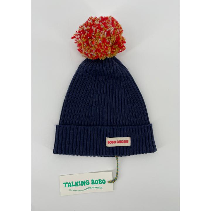 Muts Gebreid Donkerblauw Pompon Maat 1 - 2 Jaar