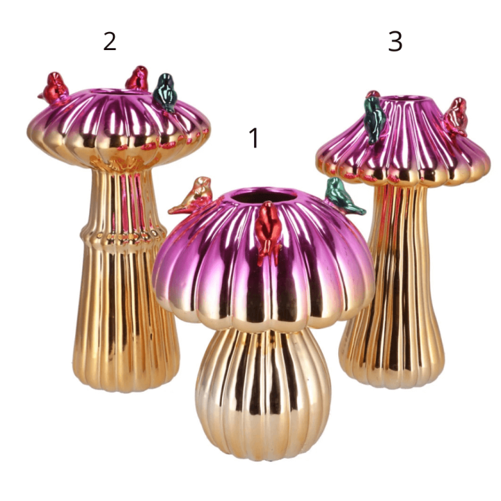 Paddestoel Vaas Metallic medium met Vogels - roze & Goud - Paddestoel 1