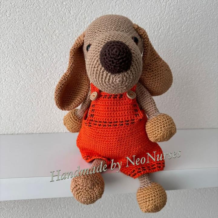 Hond Hector met tuinbroek oranje/rood