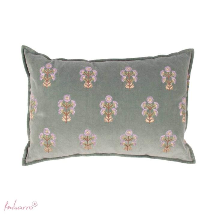 Sierkussen groen met paarse bloemen -velvet - 40cm x 60cm