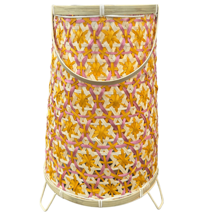 Bamboe Lantaarn  geel/roze – 38 cm Hoog – Inclusief Glazen windlicht