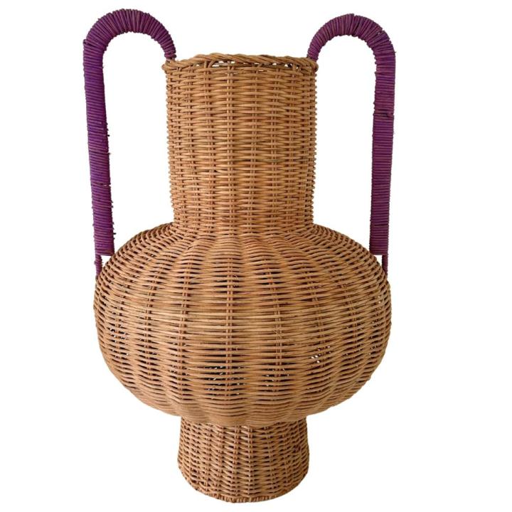 Rietgevlochten Vaas met Paarse Handgrepen  – 54 cm Hoog