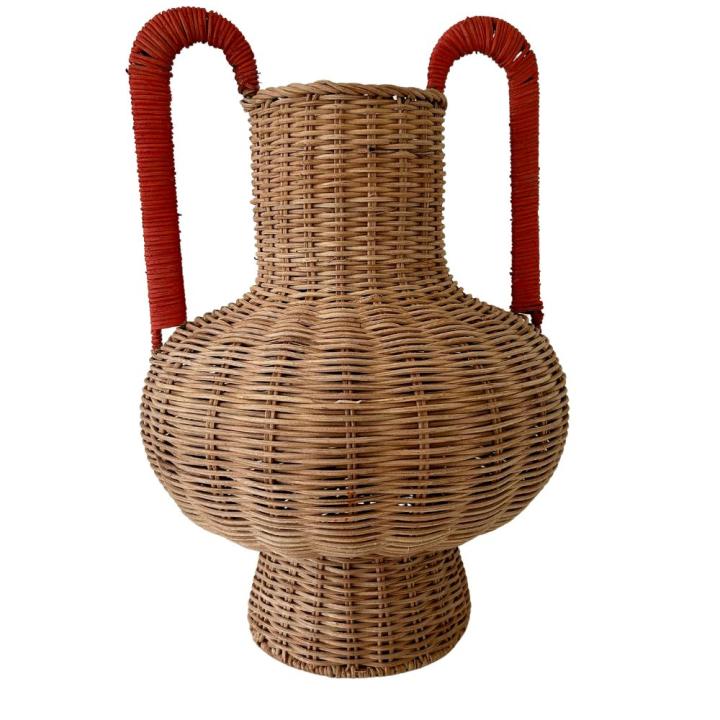 Rietgevlochten Vaas met oranje Handgrepen  – 44 cm Hoog