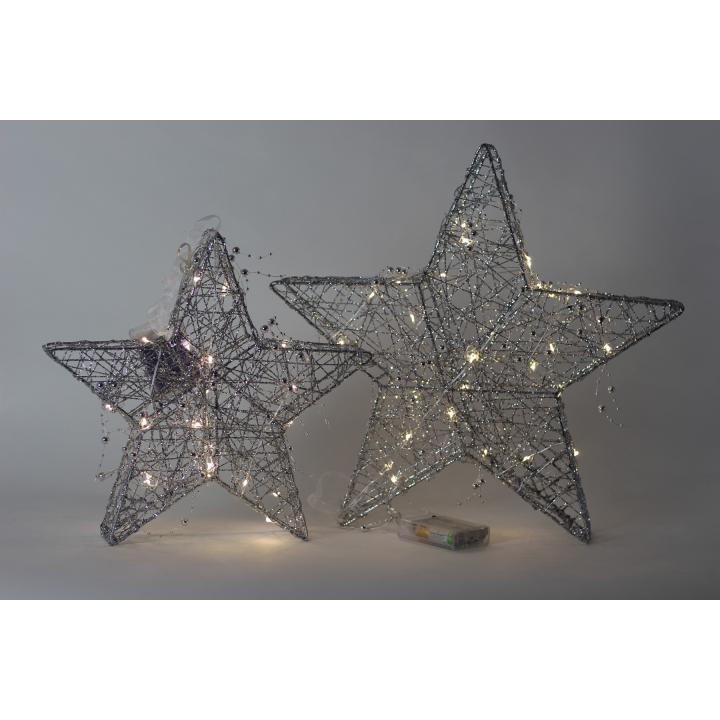 Kerstster Zilver - Draadster- 30cm-  (glitter/parels) met 20 warm witte LEDs