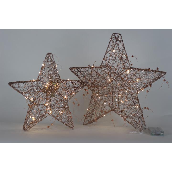 Kerstster Goud - Draadster- 30cm- (glitter/parels) met 20 warm witte LEDs